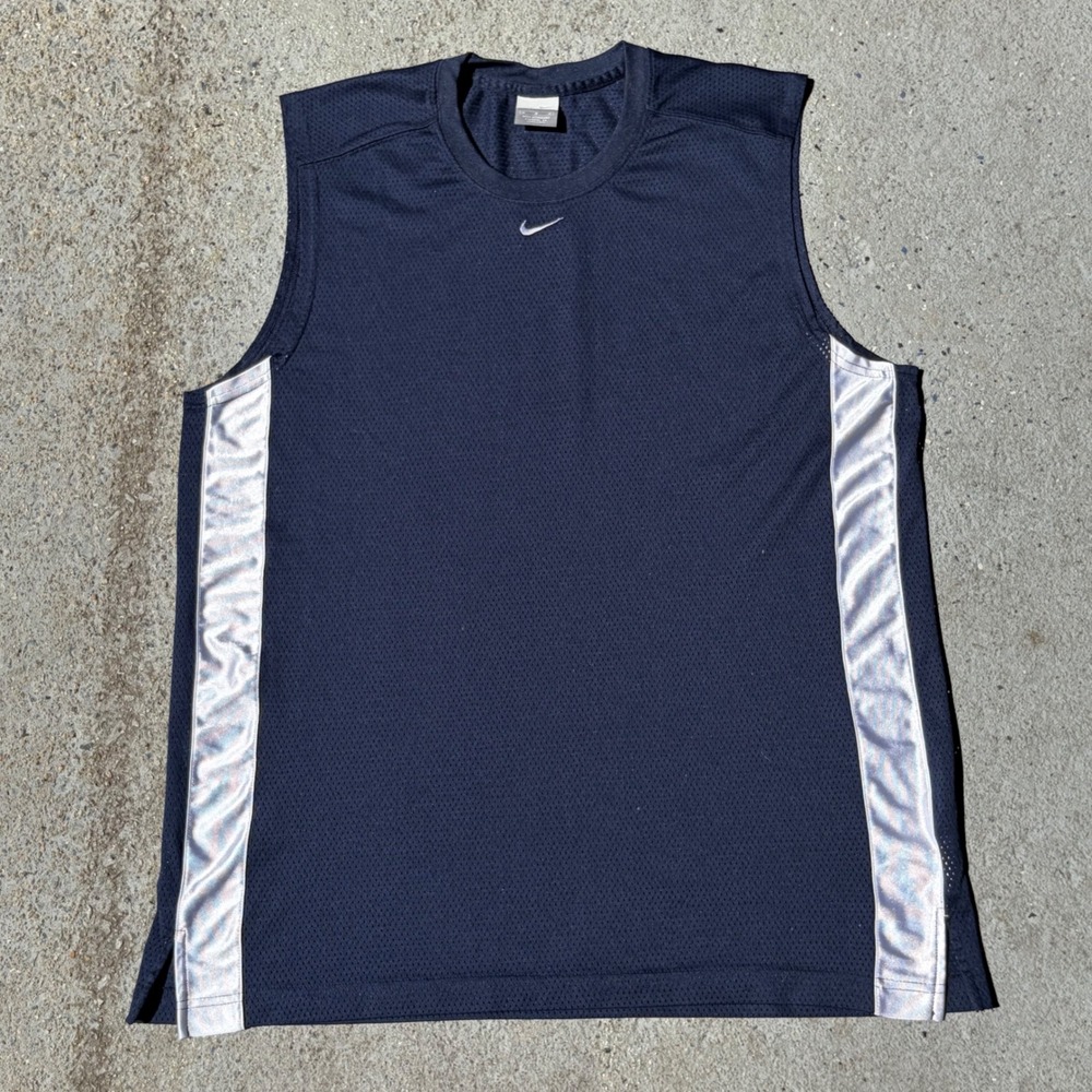 Nike Vintage Navy Blue Mesh Basketball Tank Top Silver Side Stripe Mens Size M